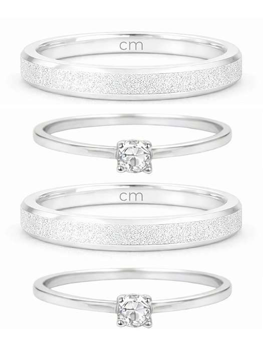 Par de Aliança Diamantada 3mm + Solitários - Prata 950