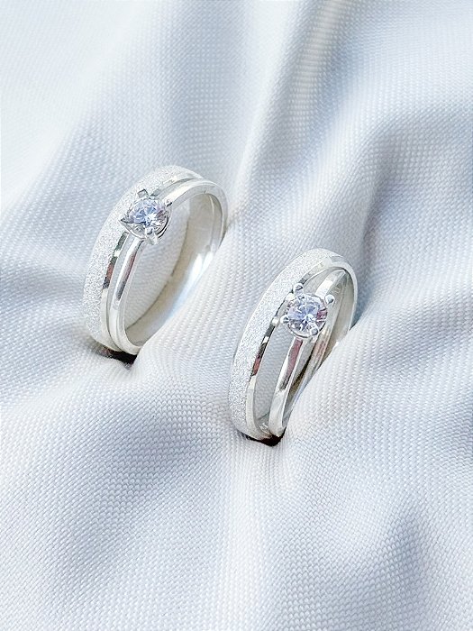 Par de Aliança Diamantada 3mm + Solitários - Prata 950