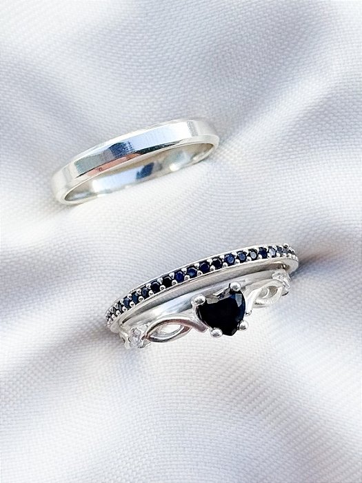 Par de Aliança Polonia com pedra Black + Solitário Love- Prata 950