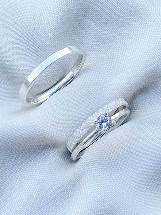 Par de Aliança Snow reta 2mm + Solitário - Prata 950