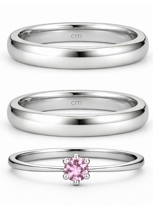 Par de Alianças Julieta 3mm + Solitário Rosa - Aço Inox