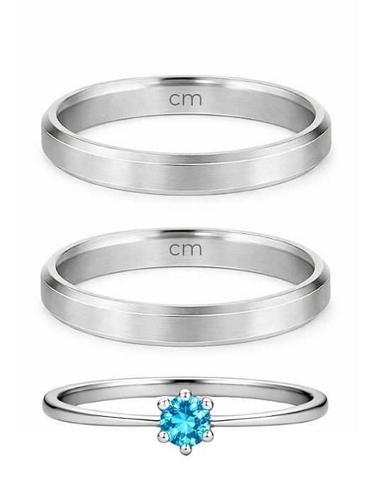 Par de Aliança Chanfrada + Solitário azul - Aço Inox