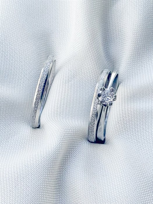 Par de aliança diamantada lover 2mm + Solitário - Aço Inox