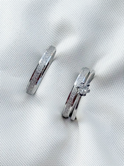 Par de aliança diamantada 3mm + solitário - Aço Inox