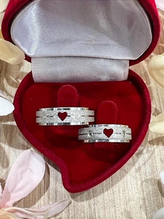 Par de aliança diamantada Coração com pedra - Aço Inox