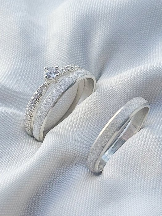 Par de Aliança Diamantada + Solitário Cinderela - Prata 950