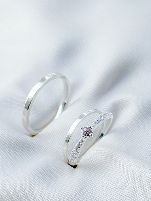 Par de Aliança Holanda 1,5mm e 2mm + Solitário Cinderela - Prata 950