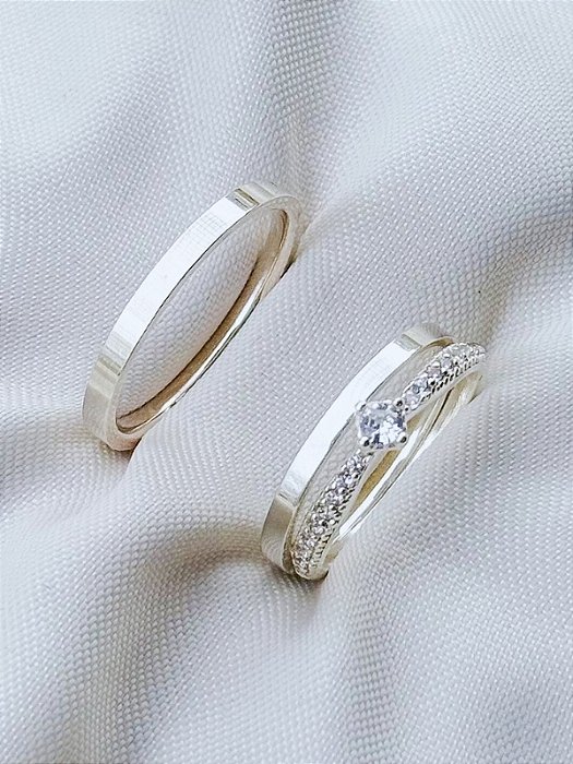 Par de Aliança Holanda 2mm + Solitário Cinderela - Prata 950