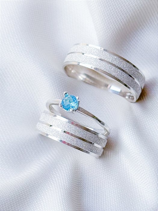 Par de Aliança Diamantada 6mm + Solitário azul - Prata 950