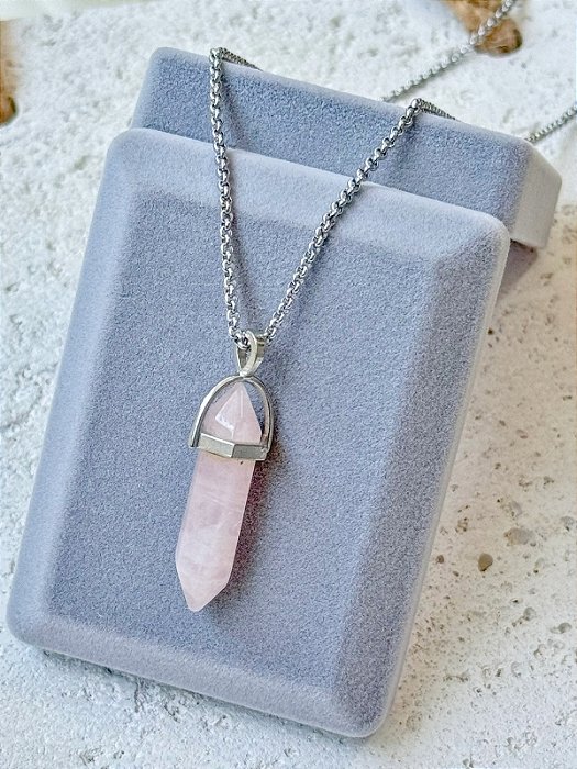 Colar Pedra Quartzo Rosa - Aço Inox