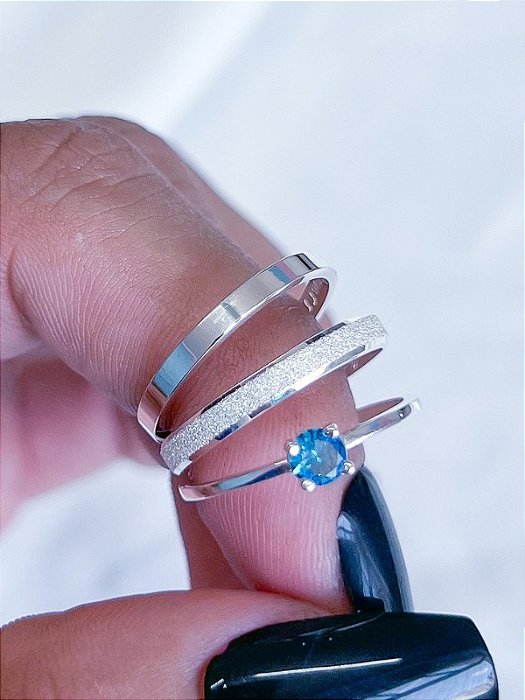 Par de Aliança Snow White 2,5mm + Solitário Encanto azul - Prata 950