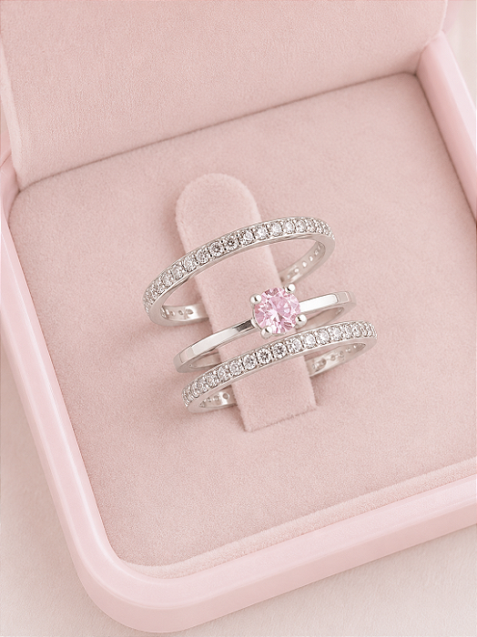 Par de Aliança Bella + Solitário Encanto Rosa - Prata 950