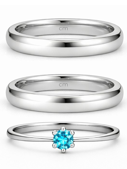 Par de Aliança Julieta 3mm + Solitário Azul - Aço Inox