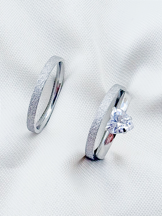 Par de Aliança diamantada 2mm + Solitário Love - Aço Inox