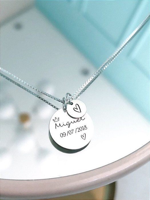 Colar Personalizado Nome + Data + Coraçãozinho - Prata 925