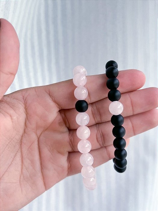 Pulseira Conexão de Casal - Quartzo Rosa e Ágata Negra