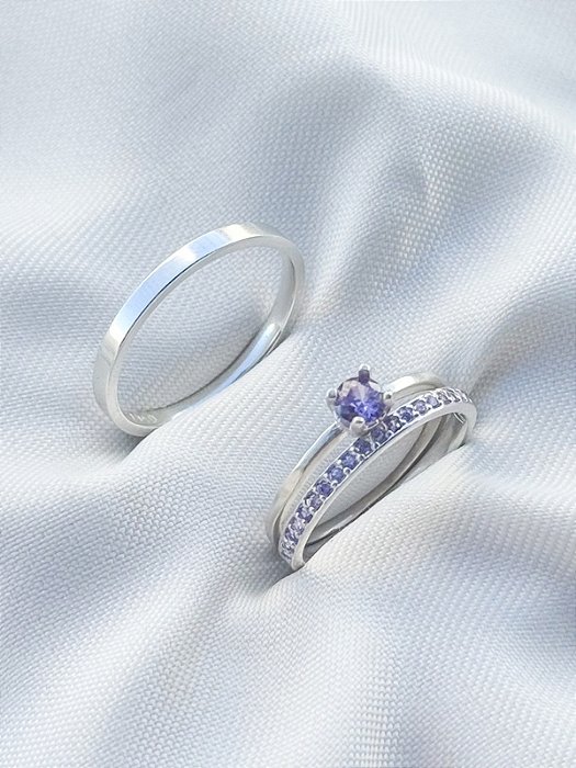 Par de aliança Polônia com pedra Roxa + Solitário Roxo - Prata 950