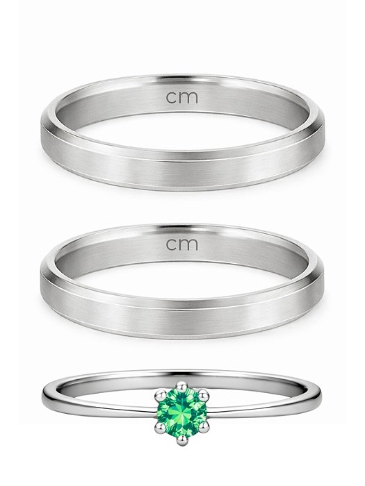 Par de Aliança Chanfrada + Solitário Verde - Aço Inox