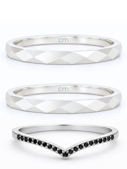 Par de Aliança Geométrica 2mm + Solitário V Black - Prata 950