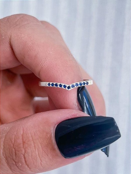 Anel aparador V Cravejado Blue - Prata 950