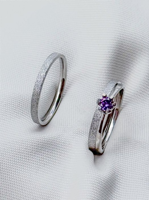 Par de Aliança diamantada 2mm + Solitário Roxo - Aço Inox