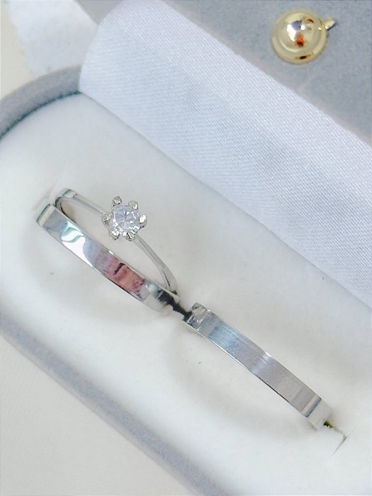 Par de Aliança Holanda 3mm + Solitário Cristal - Aço Inox