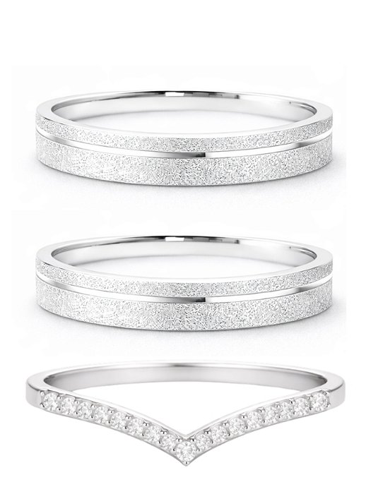 Par de Aliança Delicate 3mm + solitário Aparador V cravejado - Prata 950