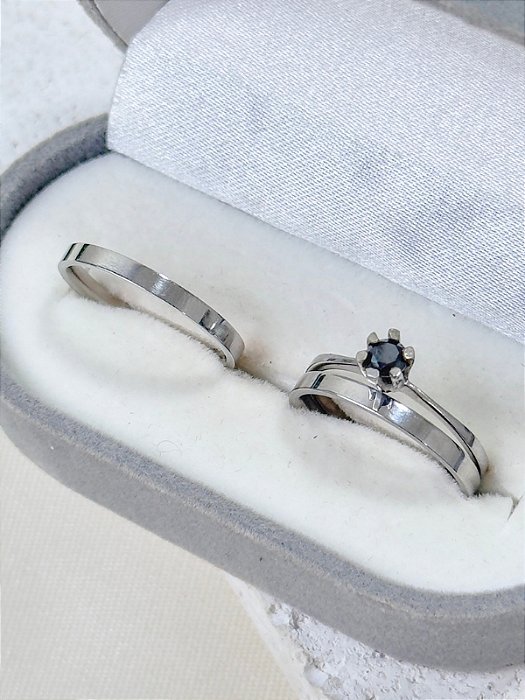 Par de Aliança Holanda 2mm + Solitário Preto - Aço Inox
