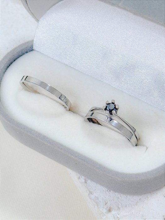 Par de Aliança Holanda 2mm + Solitário Preto - Aço Inox