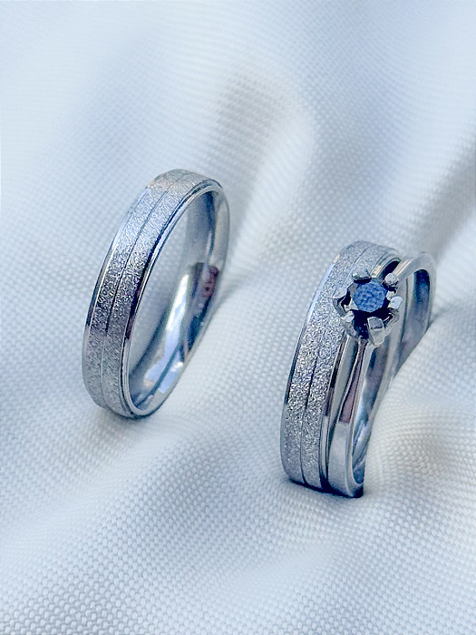 Par de Aliança Diamantada + Solitário Preto - Aço Inox