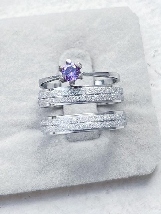 Par de Aliança Diamantada + Solitário Roxo - Aço Inox