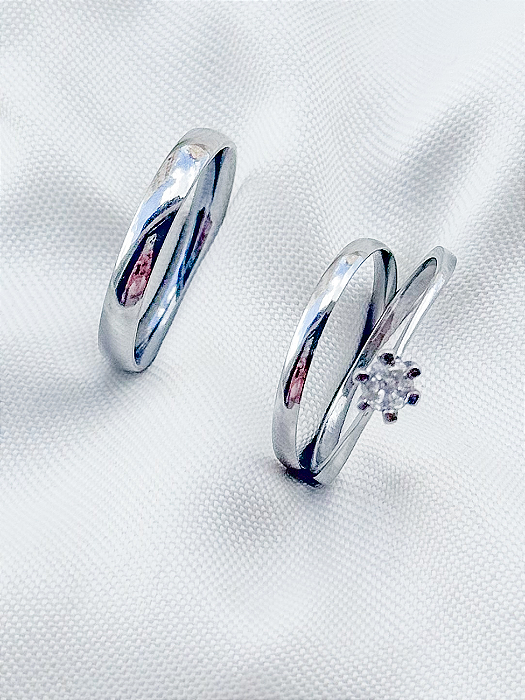 Par de Aliança Julieta 2mm e 3mm + Solitário Cristal - Aço Inox