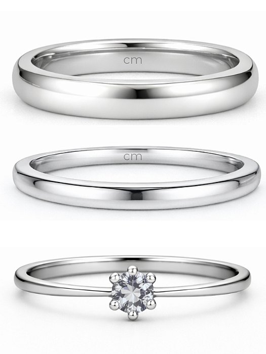 Par de Aliança Julieta 2mm e 3mm + Solitário Cristal - Aço Inox