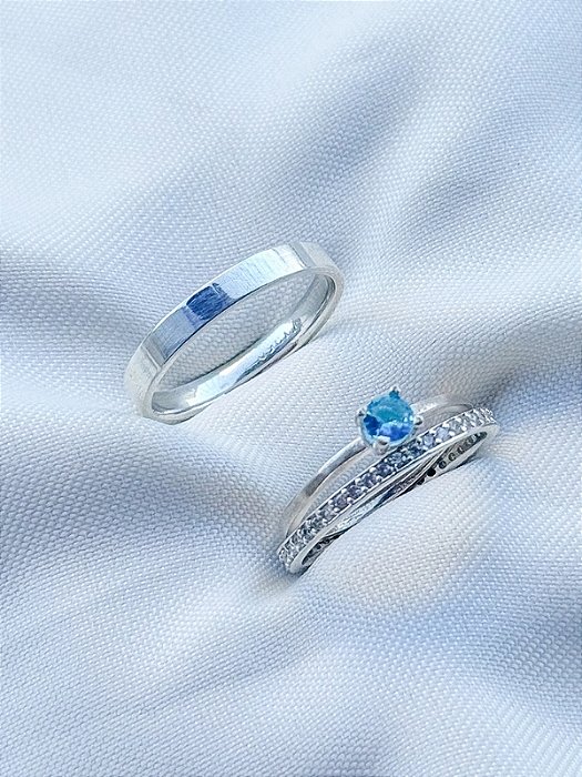 Par de aliança Polônia com pedra 3mm + Solitário Azul - Prata 950