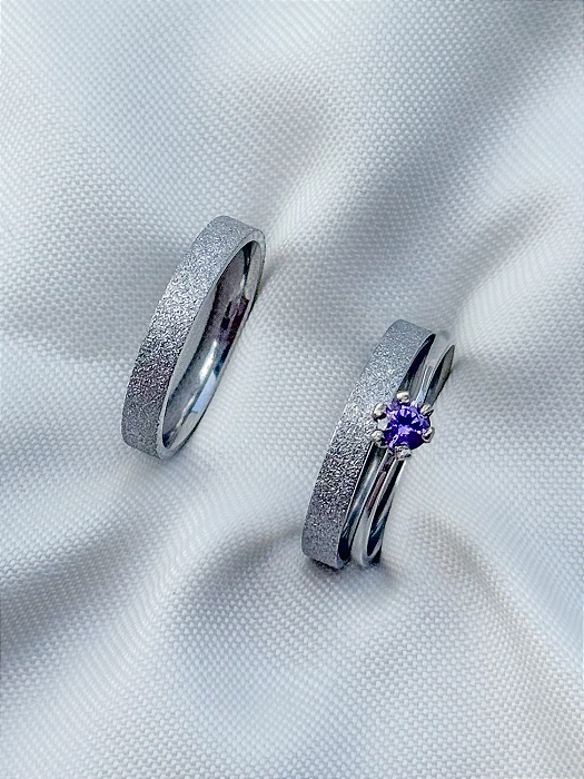 Par de Aliança diamantada 3mm + Solitário Roxo - Aço Inox