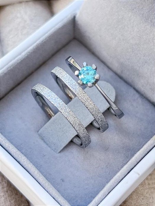 Par de Aliança diamantada 2mm + solitário Azul - Aço Inox
