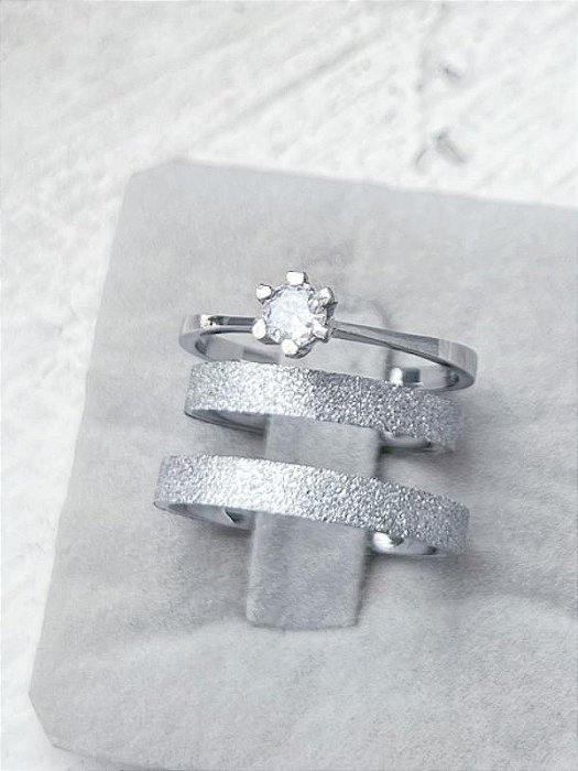 Par de Aliança diamantada 3mm + Solitário Cristal - Aço Inox