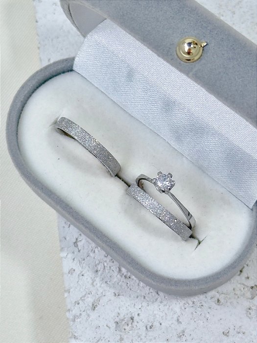 Par de Aliança diamantada 3mm + Solitário Cristal - Aço Inox