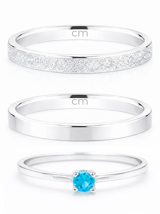 Par de Aliança Snow White 2mm + Solitário Azul - Prata 950