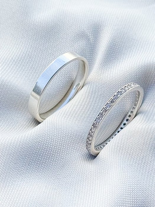 Par de aliança Polônia com pedra 3mm - Prata 950