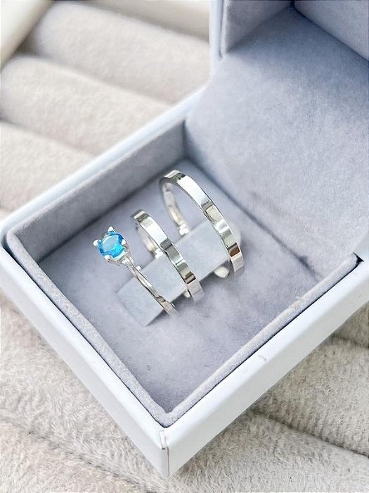 Par de Aliança Holanda 2mm + Solitário Azul claro - Prata 950