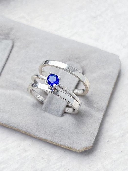 Par de Aliança Holanda 2mm + Solitário Azul Royal - Prata 950