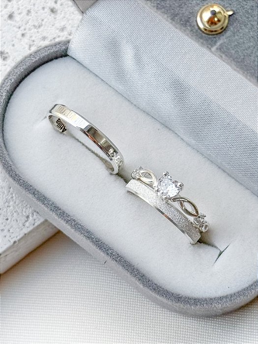 Par de Aliança Snow + Solitário Love - Prata 950