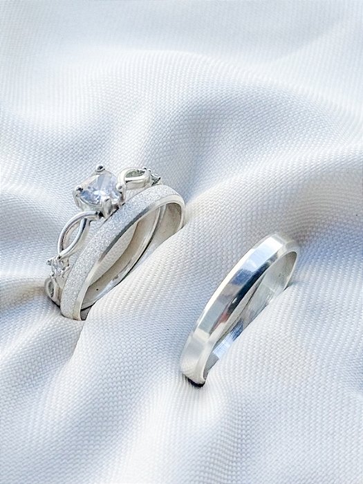 Par de Aliança Snow + Solitário Love - Prata 950
