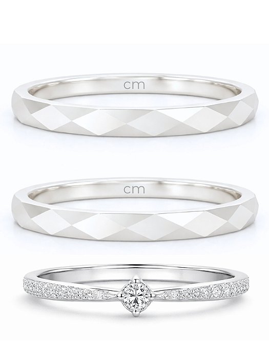 Par de Aliança Geométrica 2mm + Solitário Cinderela - Prata 950