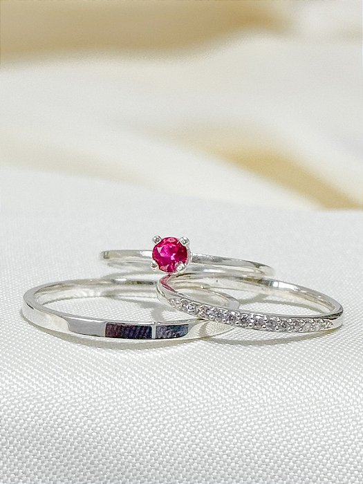 Par de Aliança Rapunzel com pedra + Solitário encanto rosa - Prata 950