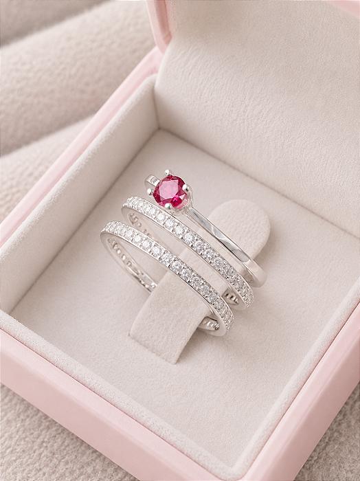 Par de Aliança Bella + Solitário Encanto Rosa Escuro - Prata 950