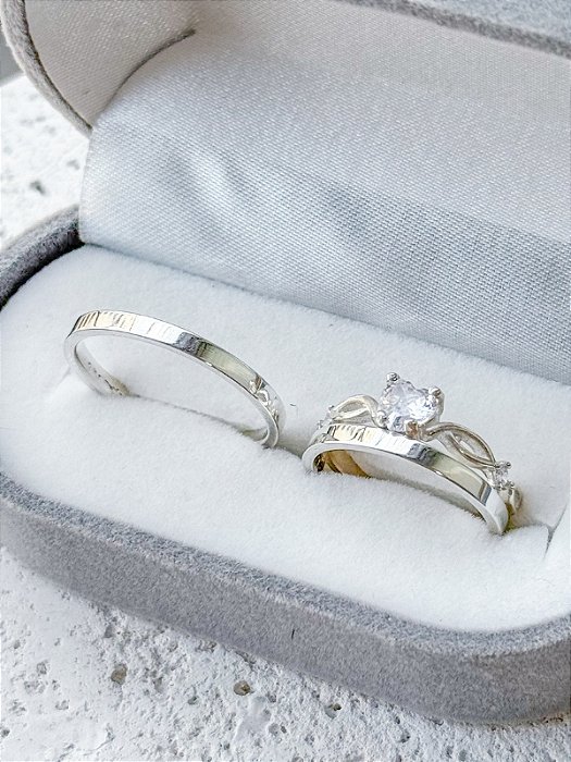 Par de Aliança Holanda 2mm + Solitário Love Cristal - Prata 950