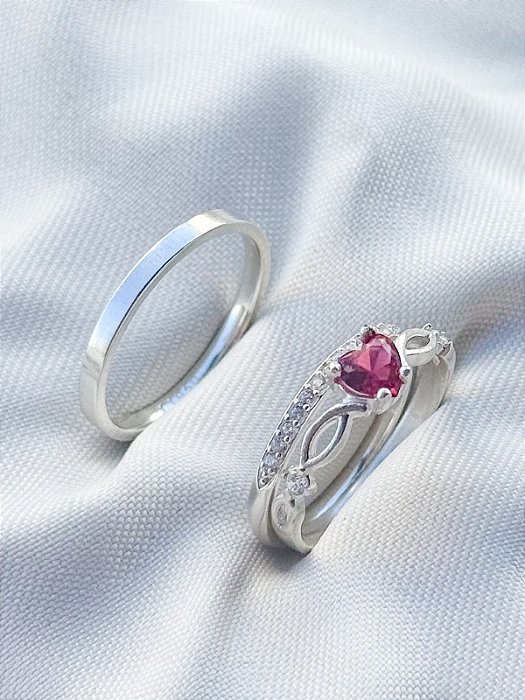 Par de Aliança Polonia Com pedra + Solitário Love rosa - Prata 950