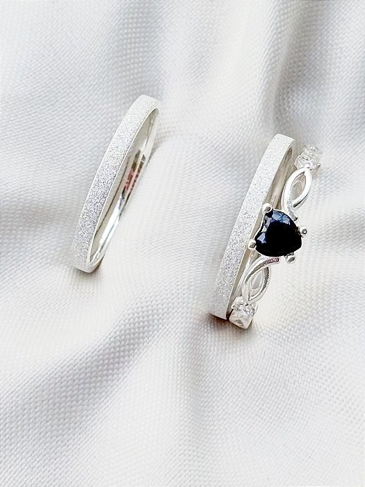Par de Aliança Diamantada 2mm + Solitário Love Preto - Prata 950
